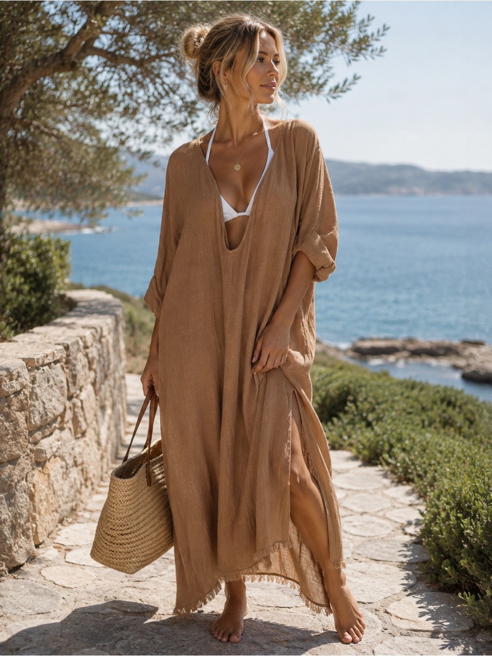 Gillia Tan Maxi Beach Cover-Up Caftan